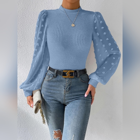 Tops - Swiss Dot Lantern Sleeve Mock Neck Tee